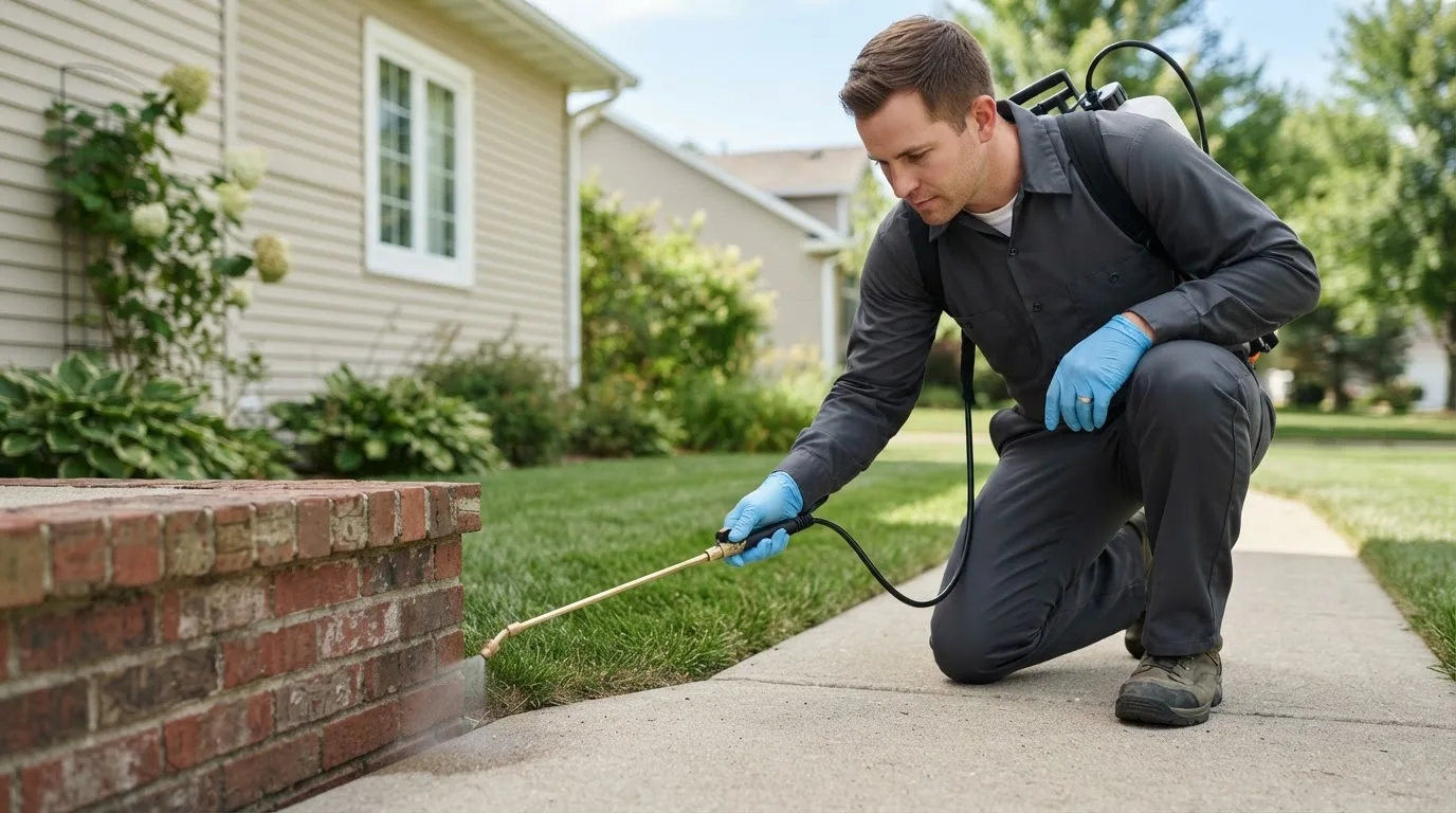 Pest control technician treating a home near Picacho, NM